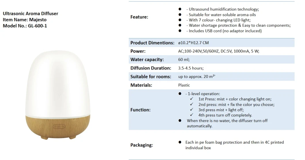 Hot Selling 60ml Plastic Essential Oil Scent Diffuser Portable Aroma Diffuser